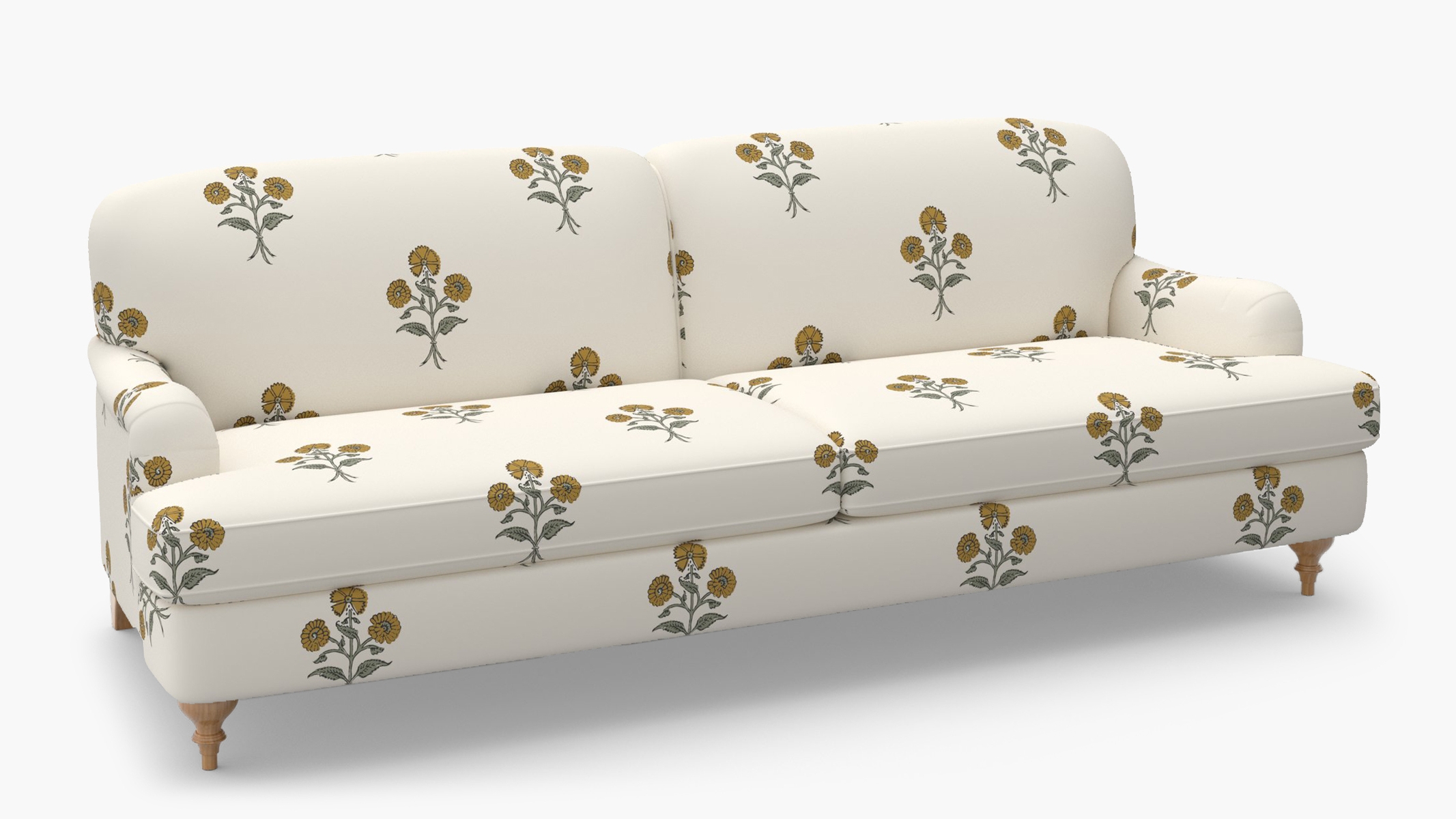 English Roll Arm Sofa, Marigold Delphine, Natural Turned Wood Leg - Image 1