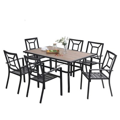 7pcs Patio Dining Set, Large Rectangular Wood Like Top Table With 6 Metal Chairs, Outdoor Furniture Set With Umbrella Hole For Poolside, Porch, Backyard - Image 0