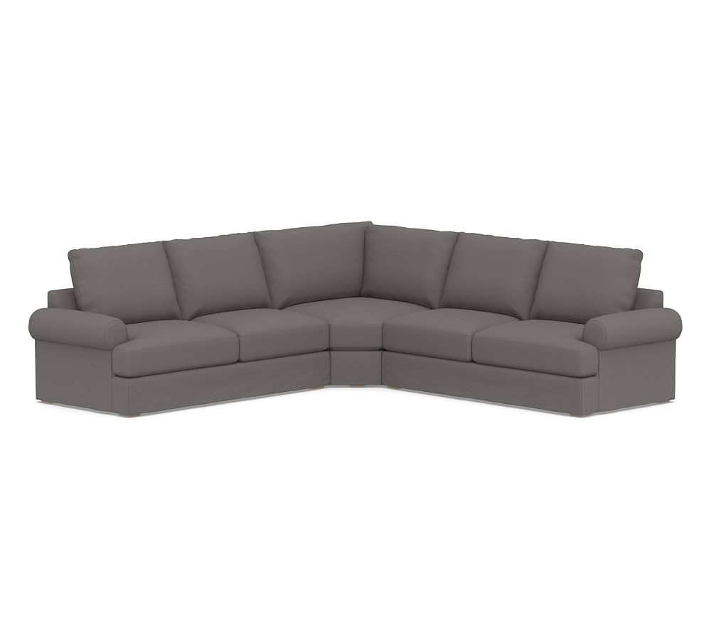 Canyon Roll Arm Slipcovered 3-Piece L-Shaped Wedge Sectional, Down Blend Wrapped Cushions, Sunbrella(R) Performance Slub Tweed Charcoal - Image 0
