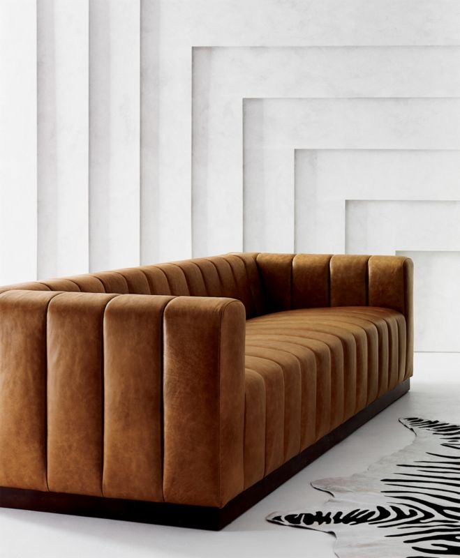 Forte 101" Extra-Large Channeled Saddle Leather Sofa with Walnut Base - Image 4