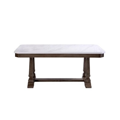 Dining Table With Marble Top And Trestle Base, White And Brown - Image 0