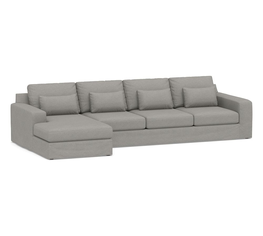 Big Sur Square Arm Slipcovered Deep Seat Right Arm Grand Sofa with Chaise Sectional, Down Blend Wrapped Cushions, Performance Heathered Basketweave Platinum - Image 0