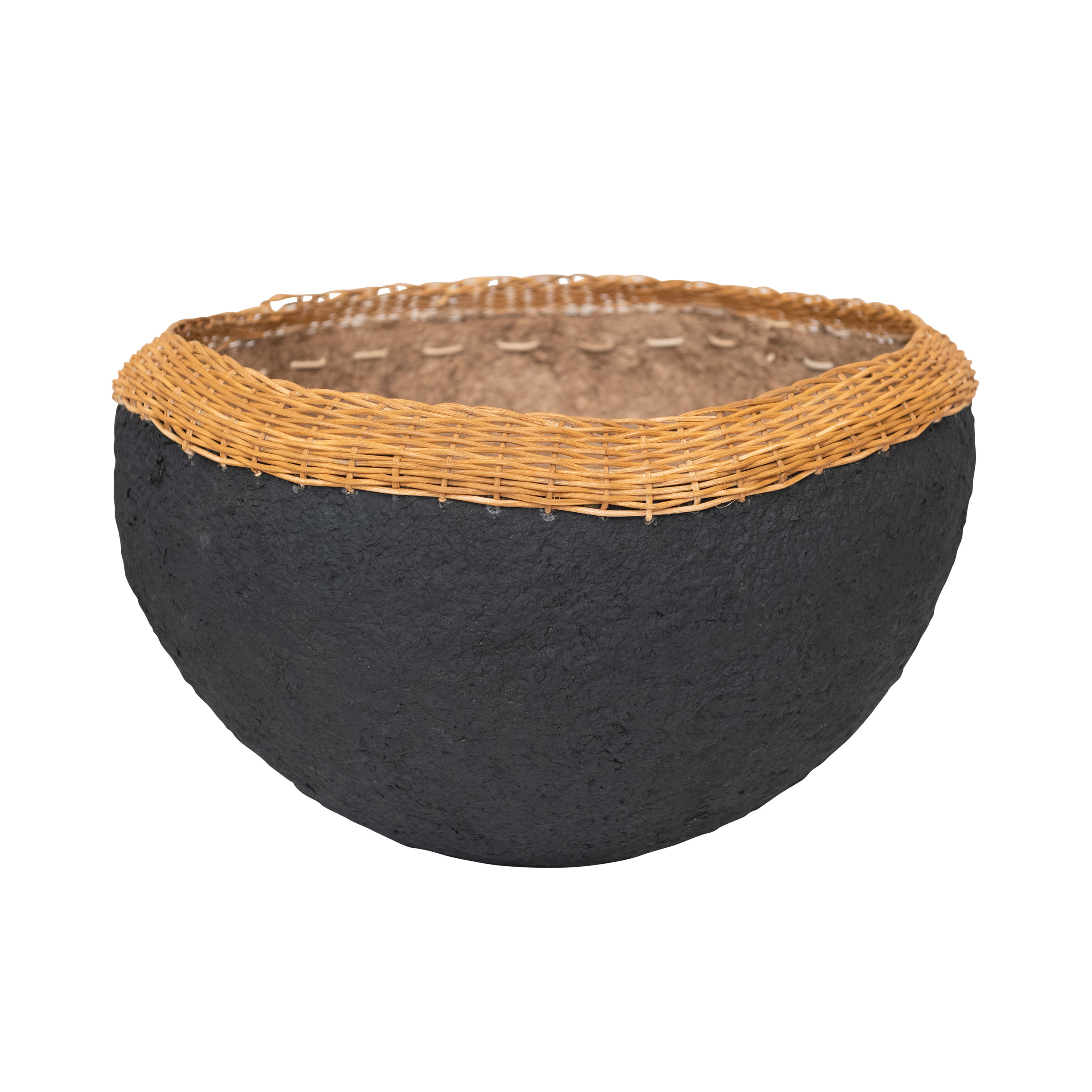 Creative Co-Op Decorative Handmade Paper Mache Bowl with Wicker Rim, Black and Natural - Image 0