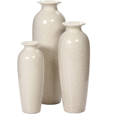 Set Of 3 Crackle Ivory Ceramic Vases - Image 0