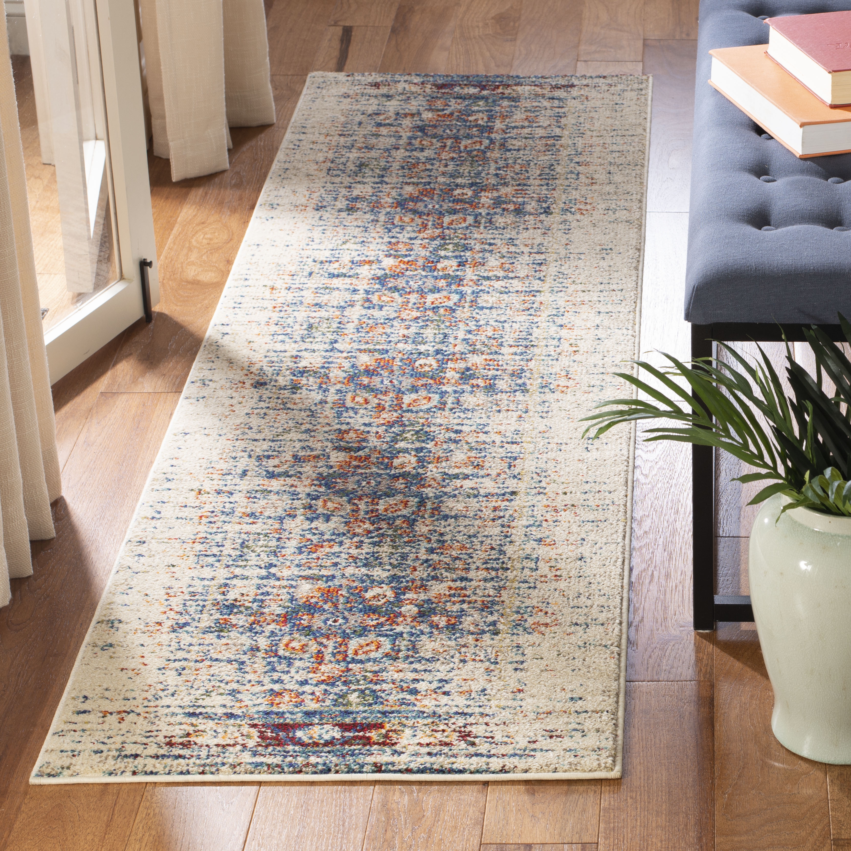 Arlo Home Woven Area Rug, MNC208M, Ivory/Blue,  2' 2" X 12' - Image 1