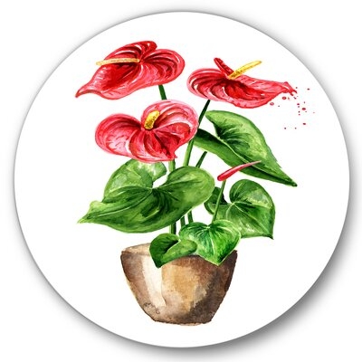 Anthurium Tailflower Or Flamingo Flower In The Pot - Traditional Metal Circle Wall Art - Image 0