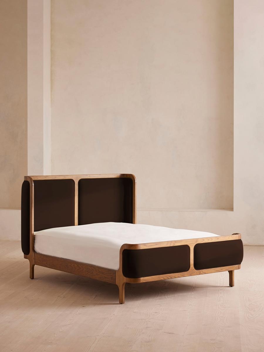 Belsa Bed, Light Oak, Queen, Velvet, Chocolate, US - Image 0