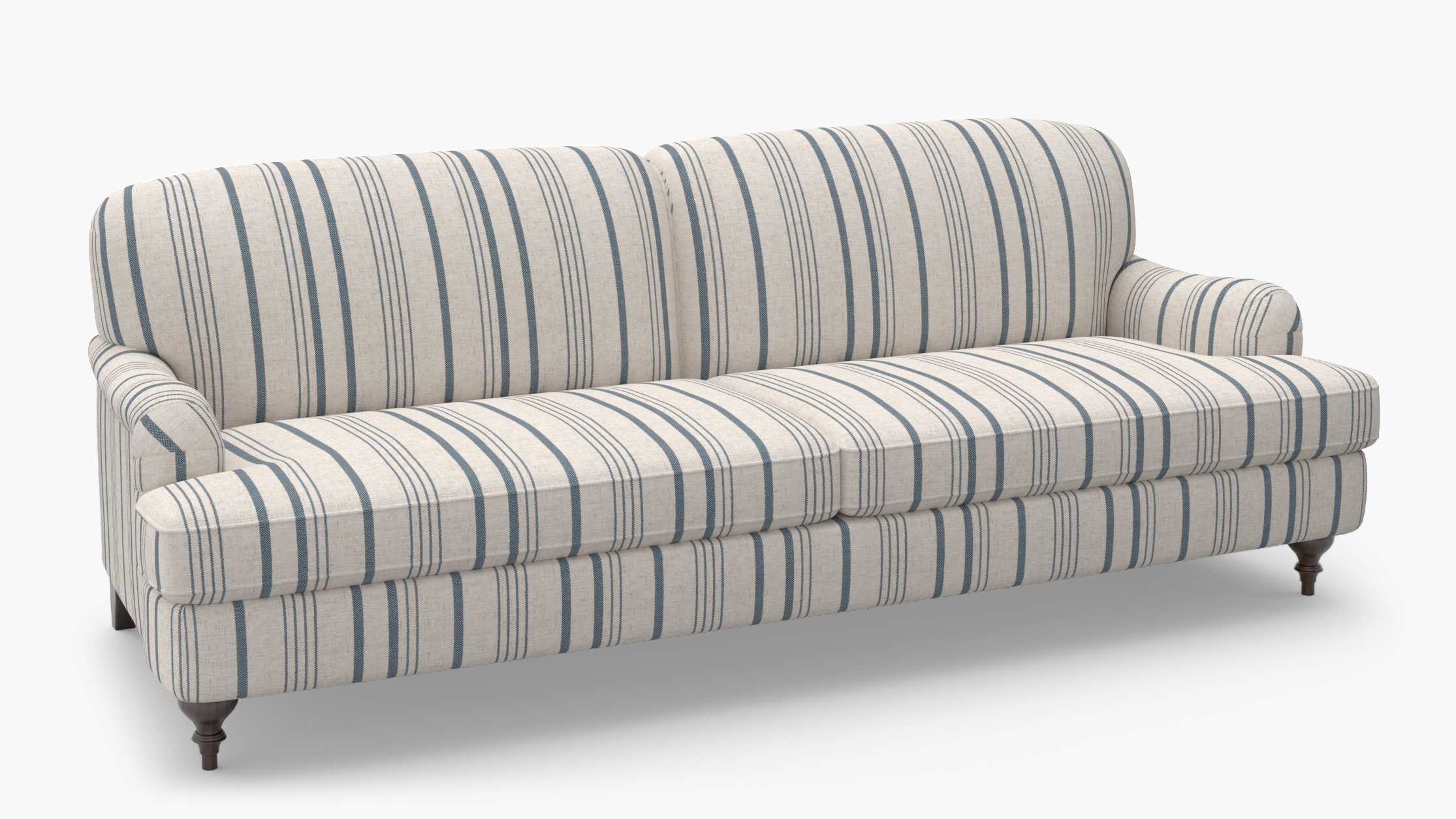 English Roll Arm Sofa, Blue Market Stripe, Espresso Turned Wood Leg - Image 1
