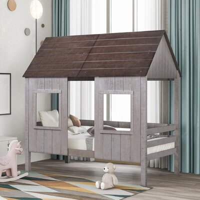 Aisling Twin Size Low Loft Wood House Bed With Two Front Windows - Image 0