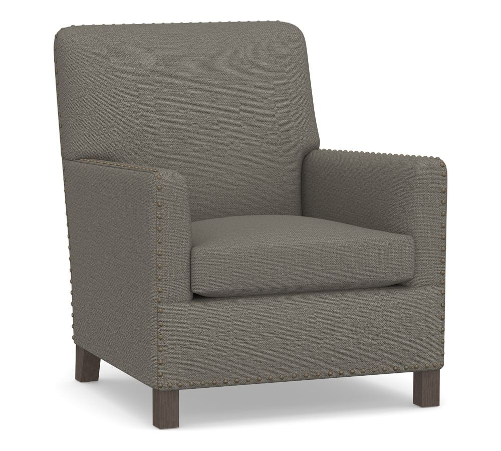 Howard Upholstered Armchair with Bronze Nailheads, Polyester Wrapped Cushions, Chunky Basketweave Metal - Image 0