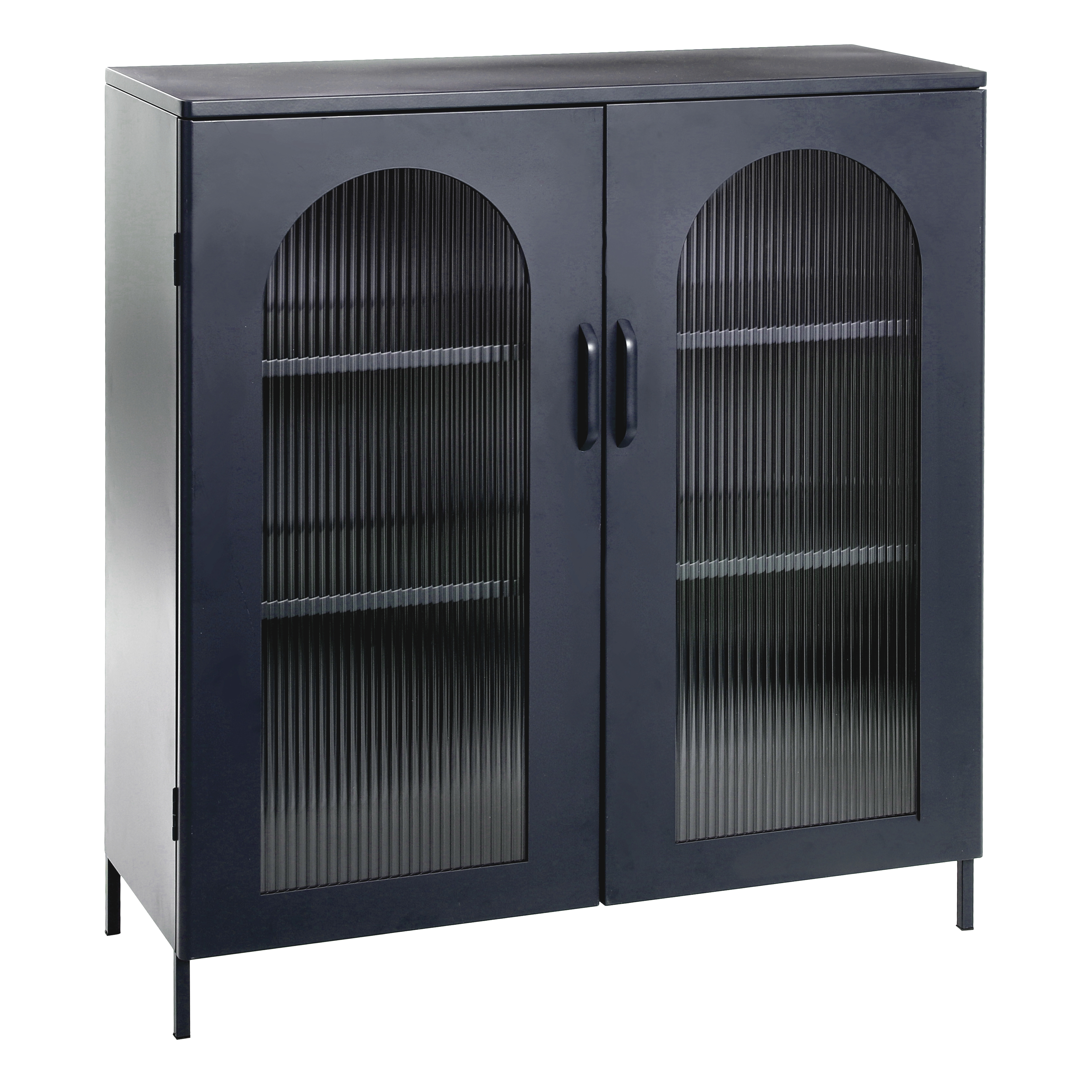 Solstice Wide Metal Accent Cabinet with 2 Adjustable Storage Shelves and Arched Glass Door, Black - Image 0