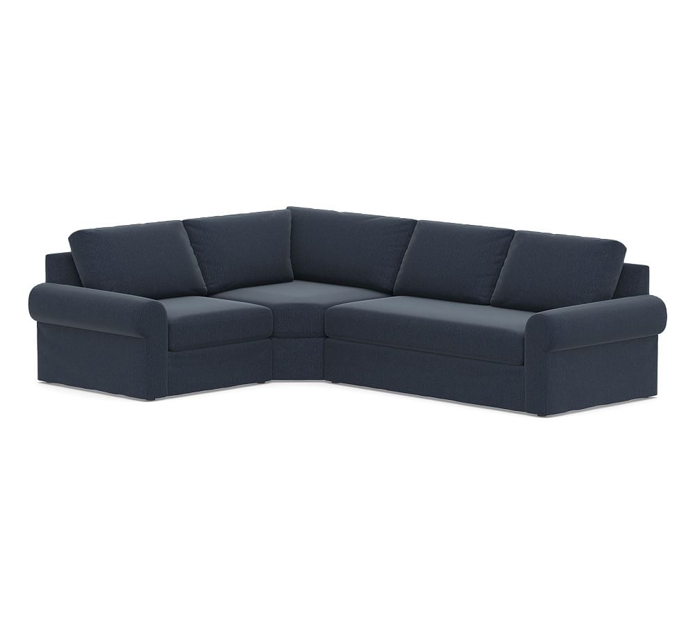 Big Sur Roll Arm Slipcovered Right Arm 3-Piece Wedge Sectional with Bench Cushion, Down Blend Wrapped Cushions, Sunbrella(R) Performance Chenille Indigo - Image 0