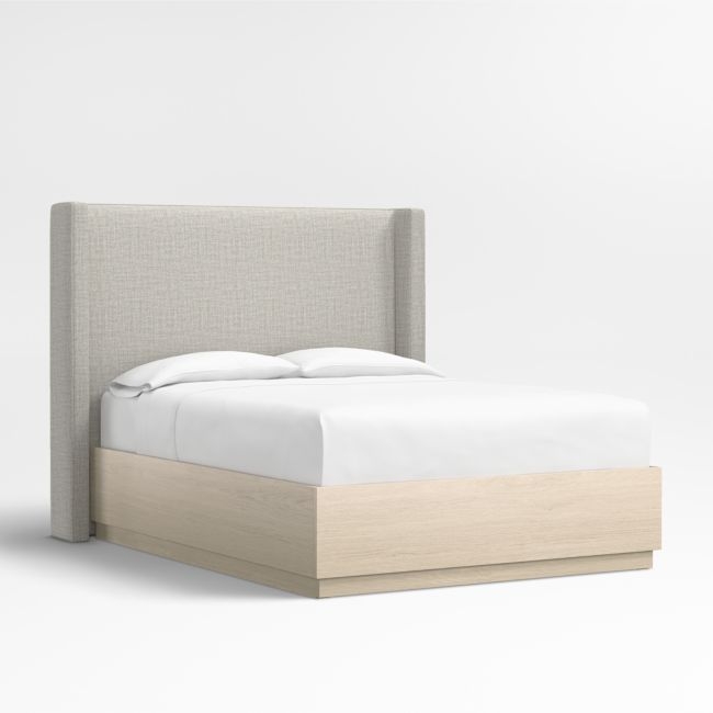 Arden 60" Mist Grey Upholstered Queen Headboard with Batten White Oak Storage Bed Base - Image 0