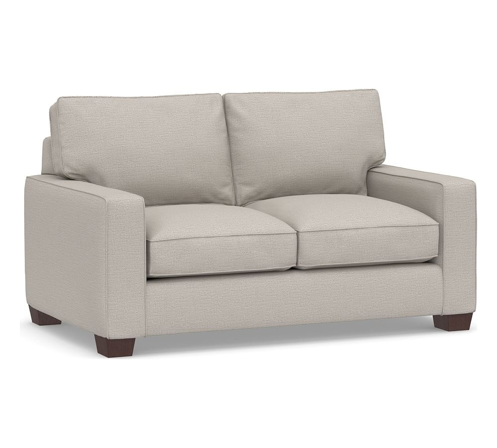 PB Comfort Square Arm Upholstered Loveseat 62", Box Edge, Down Blend Wrapped Cushions, Chunky Basketweave Stone - Image 0