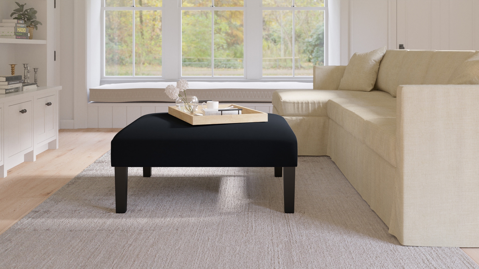 Cocktail Ottoman, Navy Everyday Linen, Black - Image 3