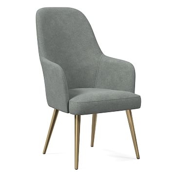 OPEN BOX: Mid-Century High Back Upholstered Dining Chair, Distressed Velvet, Mineral Gray, Blackened Brass - Image 0