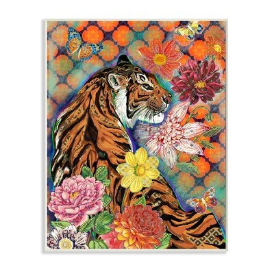 Jungle Tiger Cat Over Orange Arabesque Floral Pattern - Image 0