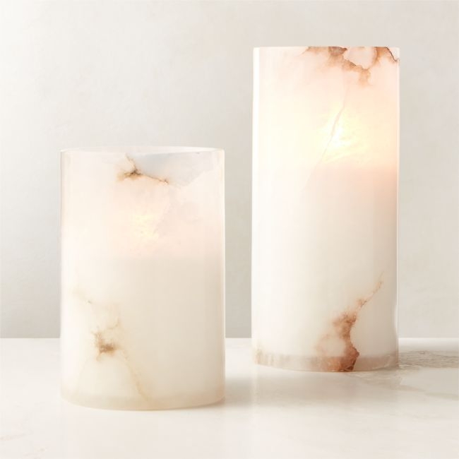 Poe White Alabaster Pillar Candle Holders Set of 2 - Image 0