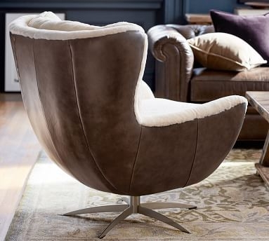 Wells Leather Swivel Armchair with Shearling, Polyester Wrapped Cushions, Churchfield Ebony - Image 1