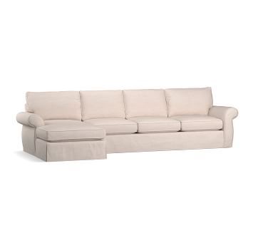 Pearce Roll Arm Slipcovered Right Arm Loveseat with Chaise Sectional, Down Blend Wrapped Cushions, Performance Brushed Basketweave Chambray - Image 1