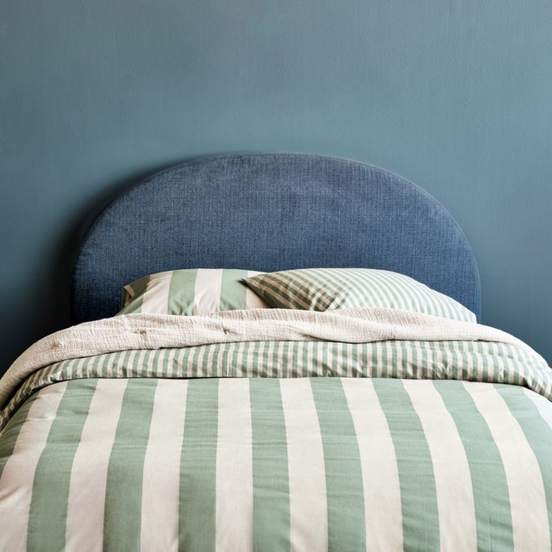 Emma Denim Blue Upholstered Kids Twin Headboard with Natural Wood Base - Image 1