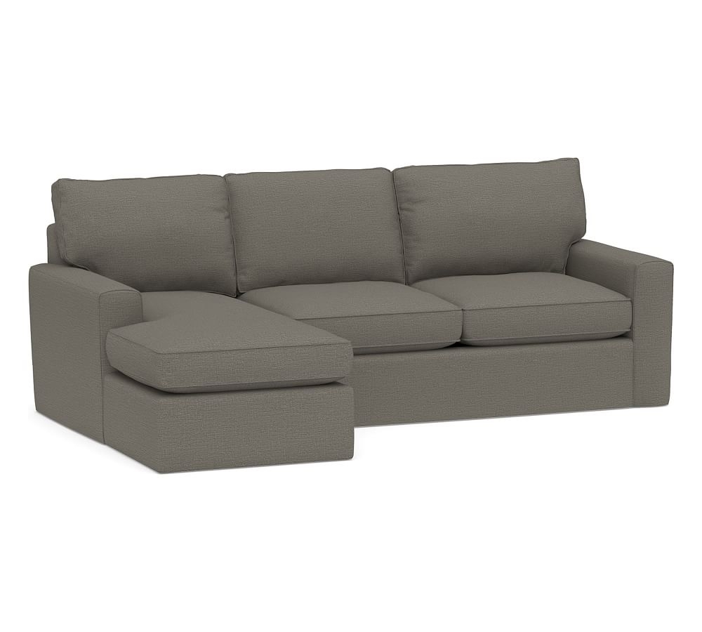 Pearce Square Arm Slipcovered Right Arm Loveseat with Chaise Sectional, Down Blend Wrapped Cushions, Chunky Basketweave Metal - Image 0