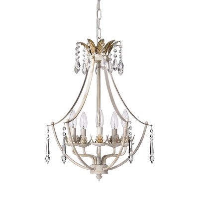 5-Light Antique White And Antique Gold Glam Chandelier With Teardrop Crystals Hanging - Image 0