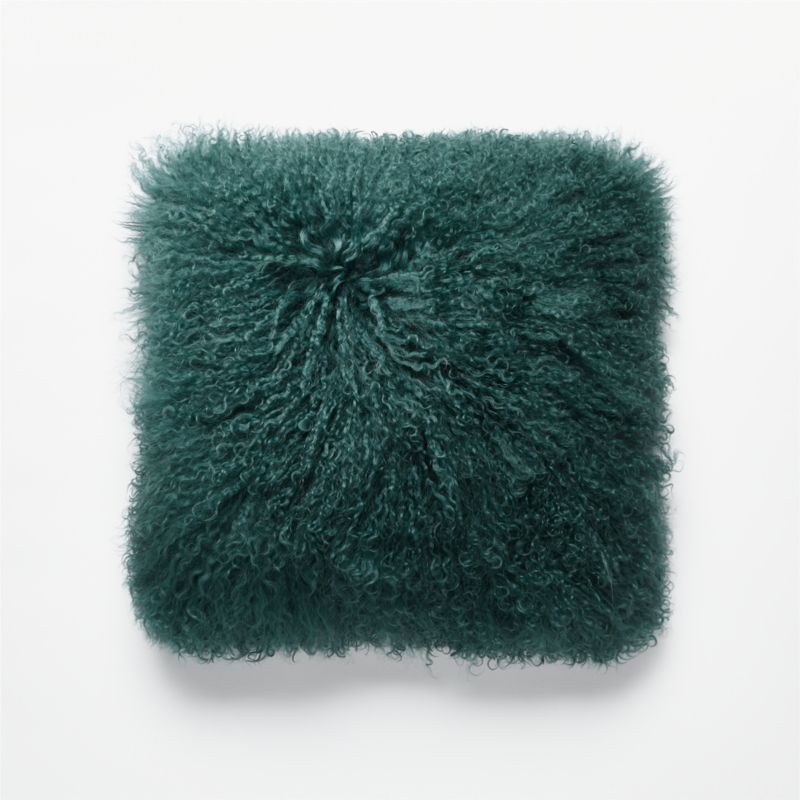 Teal Mongolian Sheepskin Fur Throw Pillow with Feather-Down Insert 16" - Image 2