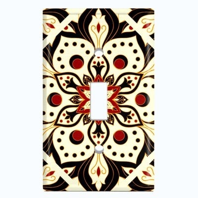 Metal Light Switch Plate Outlet Cover (White Black Bundle Mandala Flowers Tile   - Single Toggle) - Image 0
