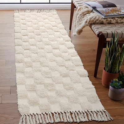 Boho Checkered Tufted Rug - 2X6 Runner Rug Beige Hallway Runner Washable,Beige - Image 0