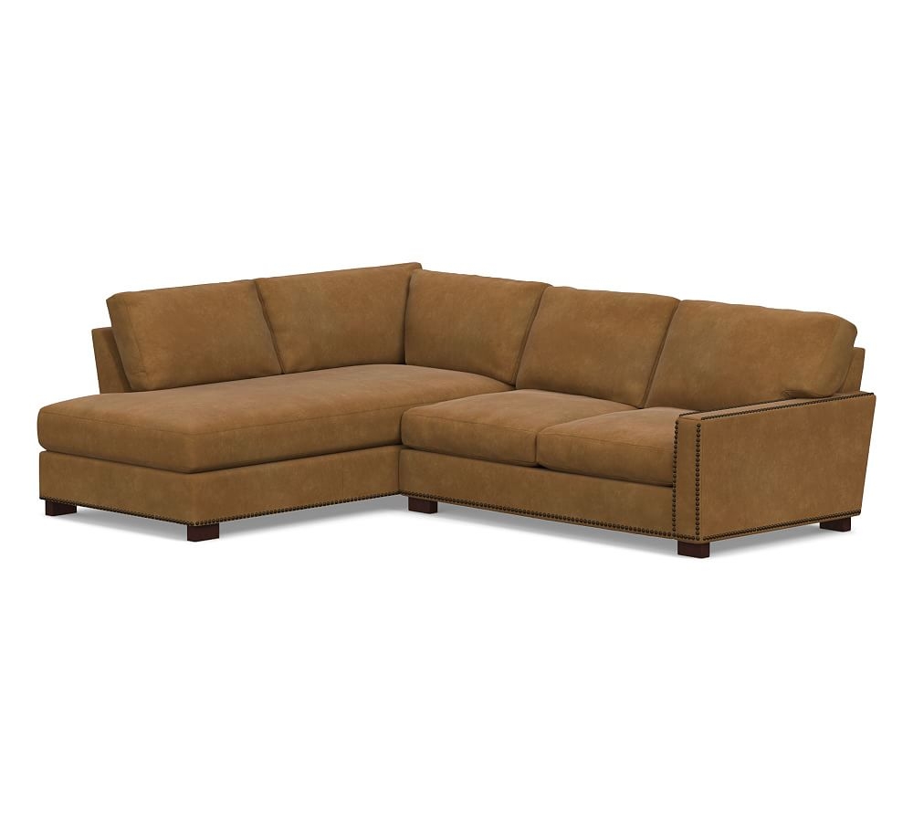 Turner Square Arm Leather Right Sofa Return Bumper Sectional with Nailheads, Down Blend Wrapped Cushions, Nubuck Camel - Image 0
