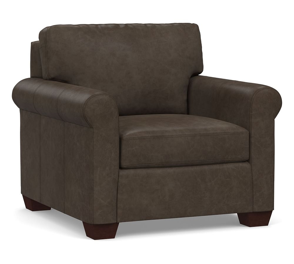 York Roll Arm Leather Armchair, Polyester Wrapped Cushions, Statesville Wolf Gray - Image 0