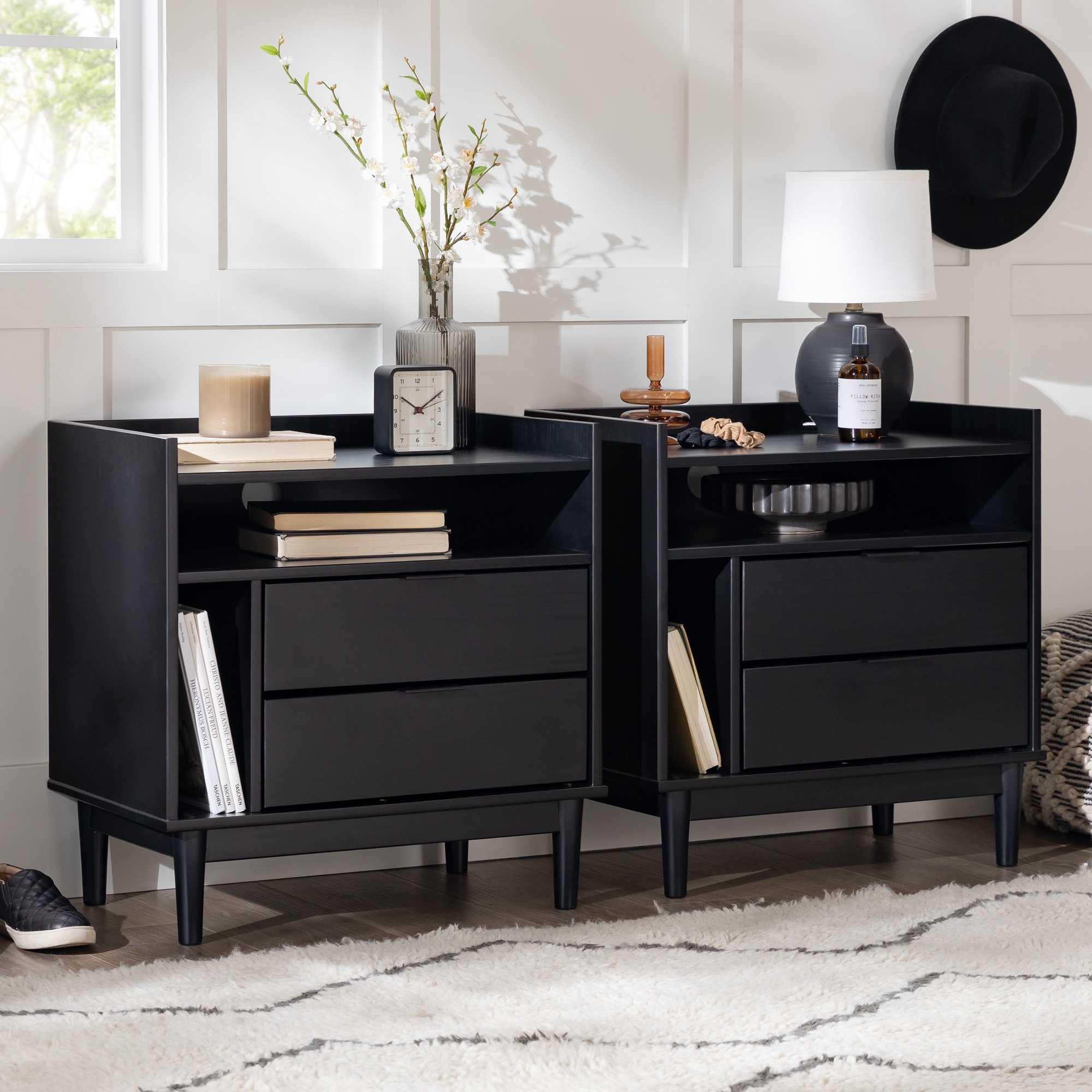 25" Solid Wood 2-Drawer Night Stand with Gallery - 2PK - Black - Image 6