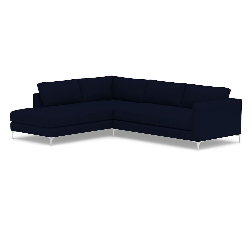 Jake Upholstered Right Sofa Return Bumper Sectional 2X1, Bench Cushion, Brushed Nickel Legs, Polyester Wrapped Cushions, Performance Everydaylinen(TM) Navy - Image 0