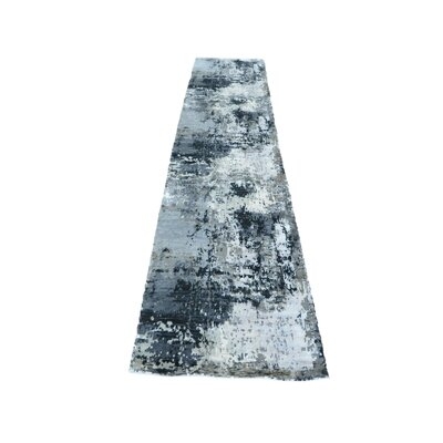 3'3 X 14'3 Runner Hand Knotted Gray Modern Abstract Oriental Rug With Silk 255BCF74096B40EBBF1F47354F24B47D - Image 0