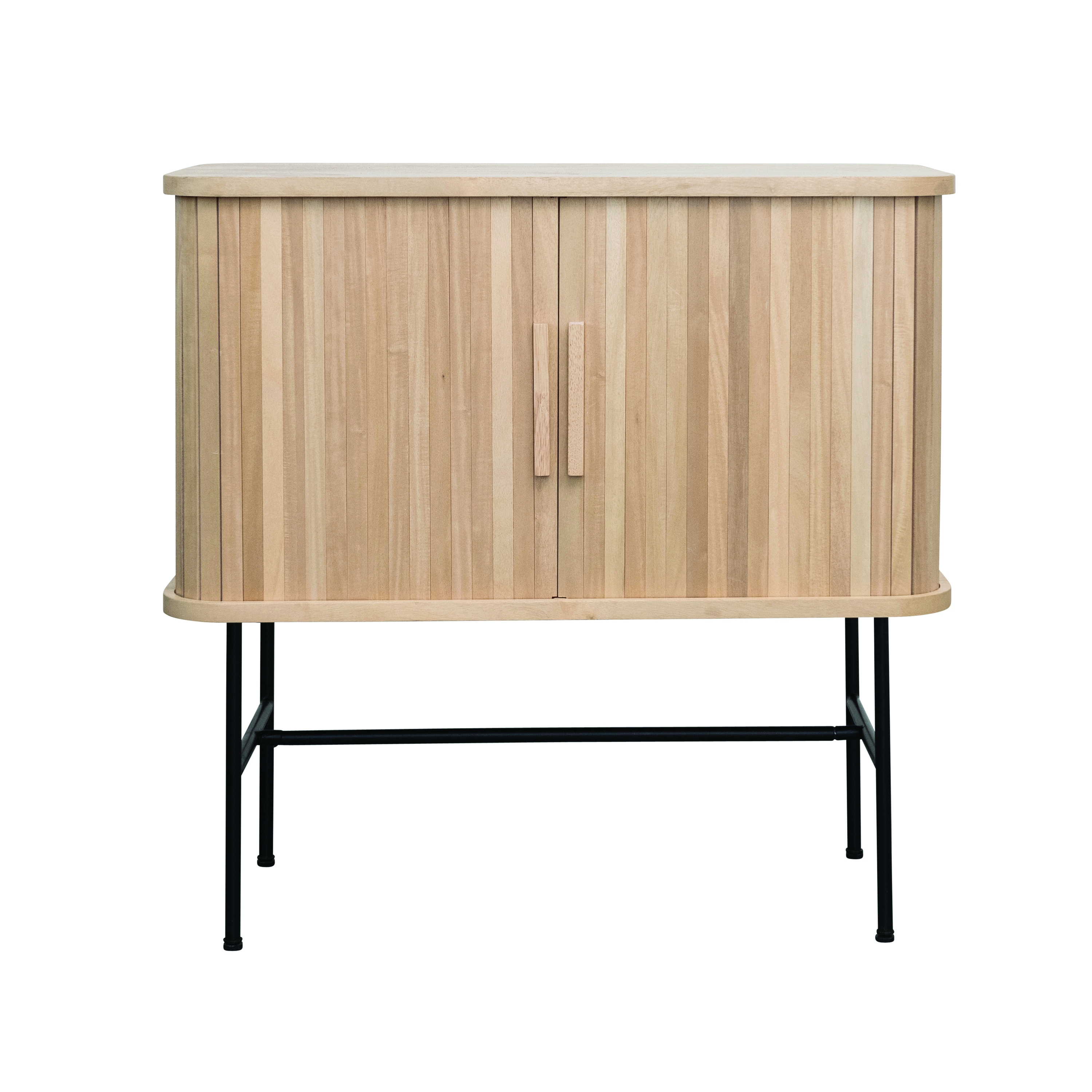 Modern Wood and Metal Cabinet with Sliding Doors and 3 Storage Compartments, Natural and Black - Image 0