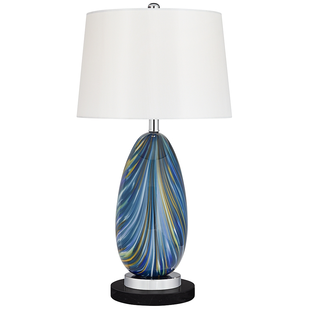 Possini Euro Pablo 28" Blue Glass Lamp with Round Black Marble Riser - Image 0