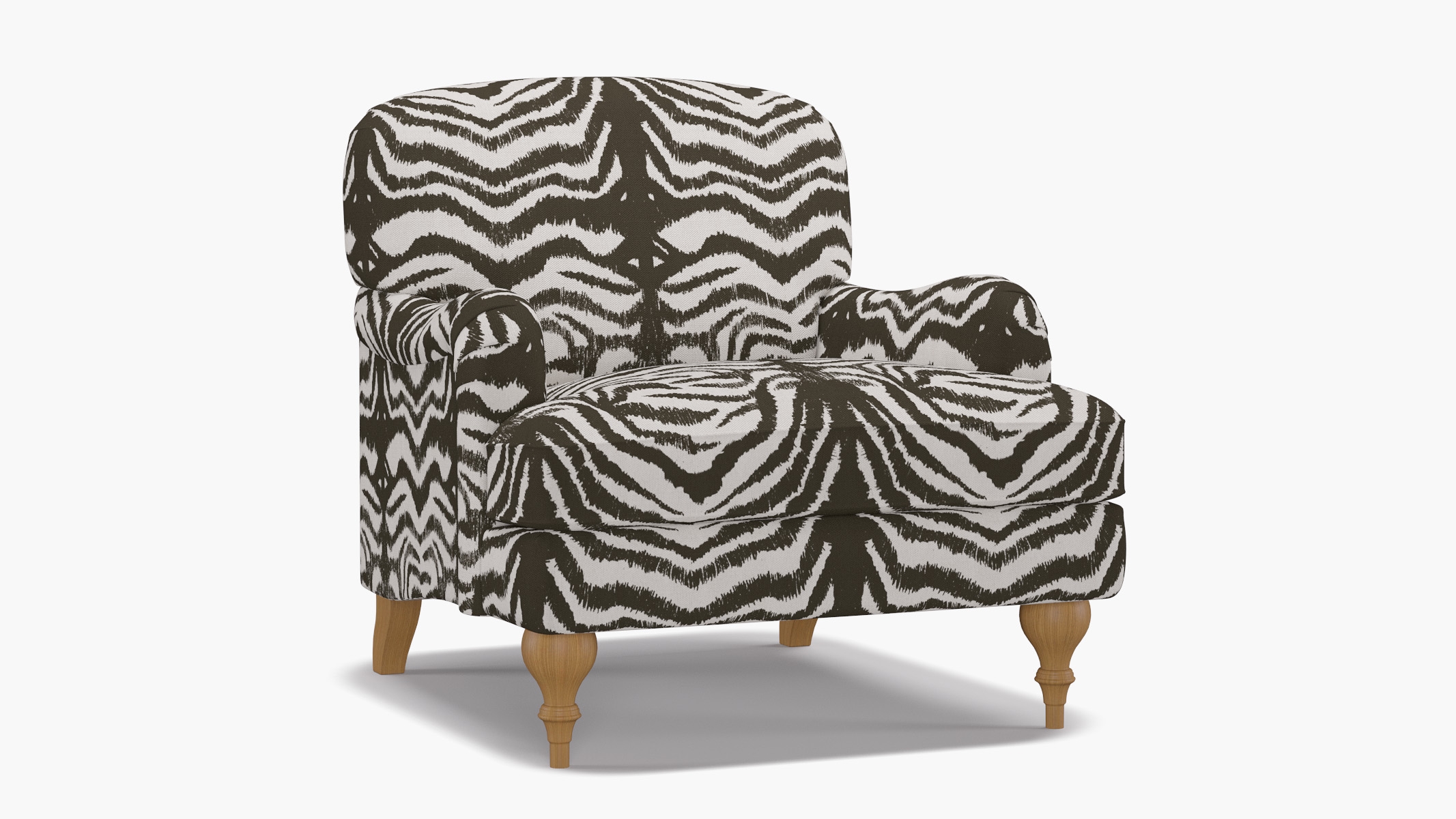 English Roll Arm Chair, Zebra, Natural Turned Wood Leg - Image 1
