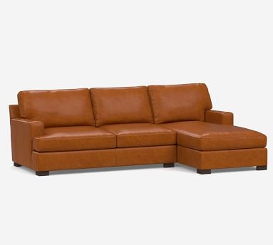 Townsend Square Arm Leather Left Arm Loveseat with Chaise Sectional, Polyester Wrapped Cushions, Vintage Camel - Image 0