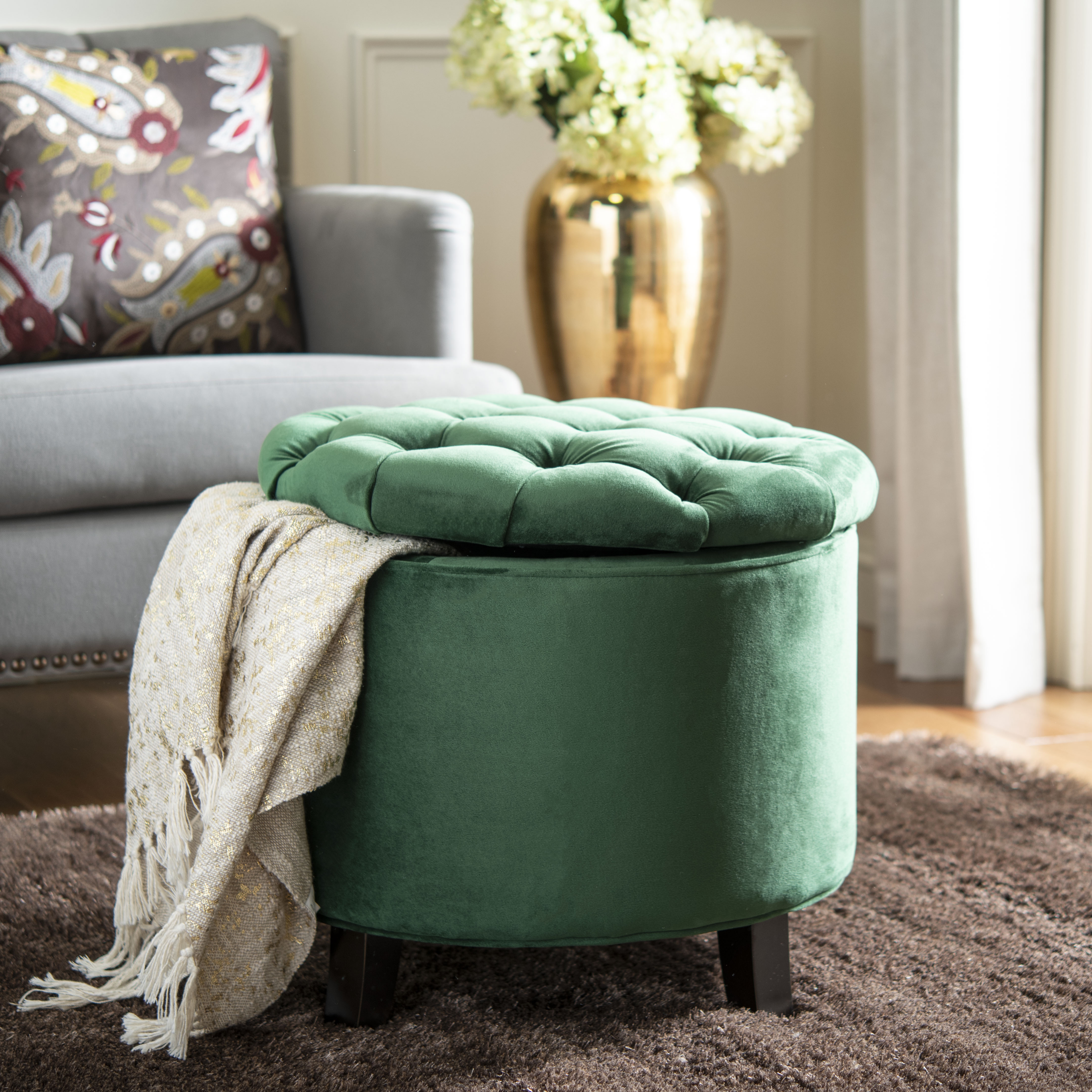 Amiela Tuffted Ottoman - Emerald - Safavieh - Image 0