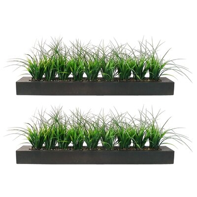 Primrue 2-Pack Artificial Faux Lifelike Plastic 13" Tall Green Grass In Black Wood Planter - Image 0