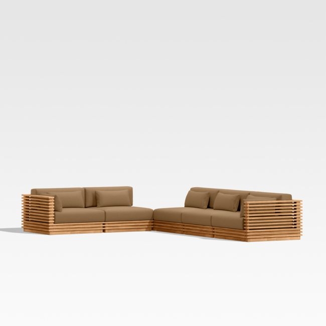Batten Natural Teak 6-Piece L-Shaped Outdoor Sectional Sofa with Corner Coffee Table & Cast Teak Brown Sunbrella ® Cushions - Image 0