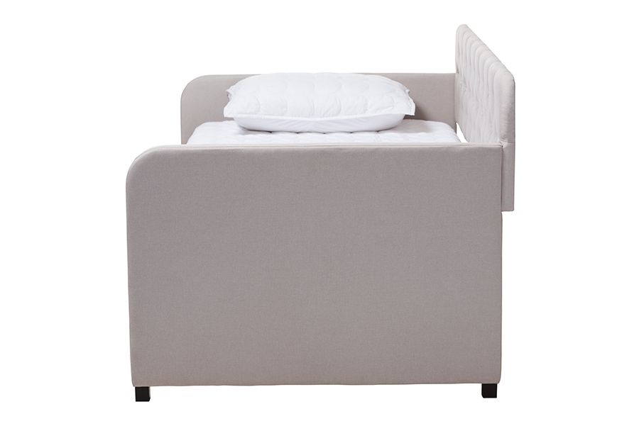 Camelia Modern and Contemporary Beige Fabric Upholstered Button-Tufted Twin Size Sofa Daybed with Roll-Out Trundle Guest Bed - Image 3