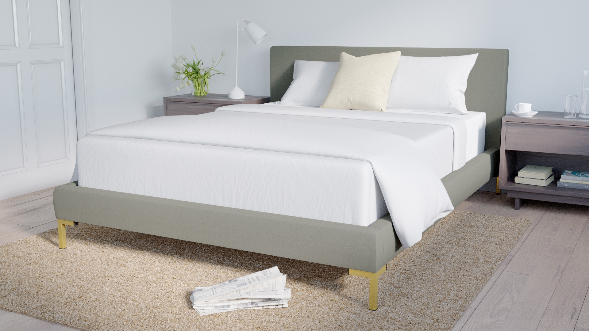 Modern Platform Bed, Putty Everyday Linen, Brass, Queen - Image 3
