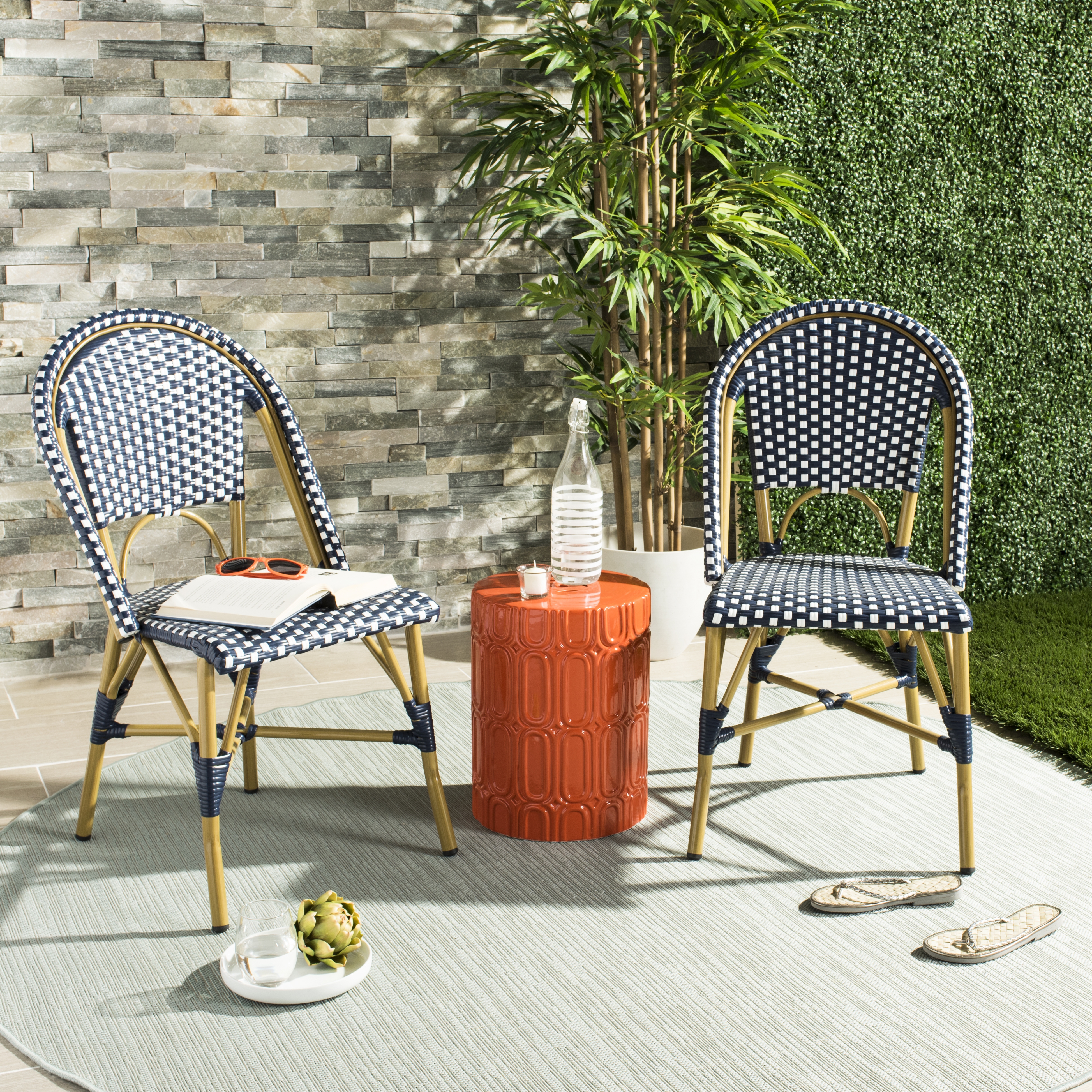 Salcha Indoor-Outdoor French Bistro Stacking Side Chair - Navy/White/Light Brown - Arlo Home - Image 6