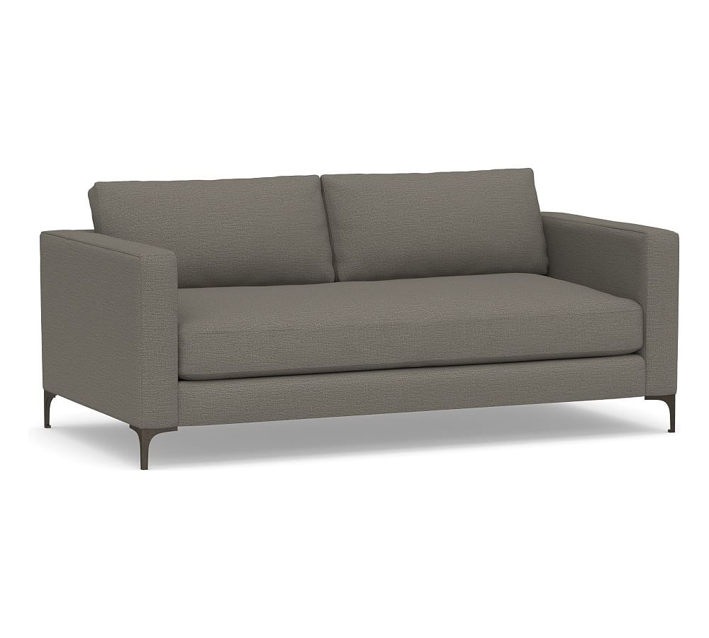 Jake Upholstered Loveseat 70" with Bronze Legs, Polyester Wrapped Cushions, Chunky Basketweave Metal - Image 0