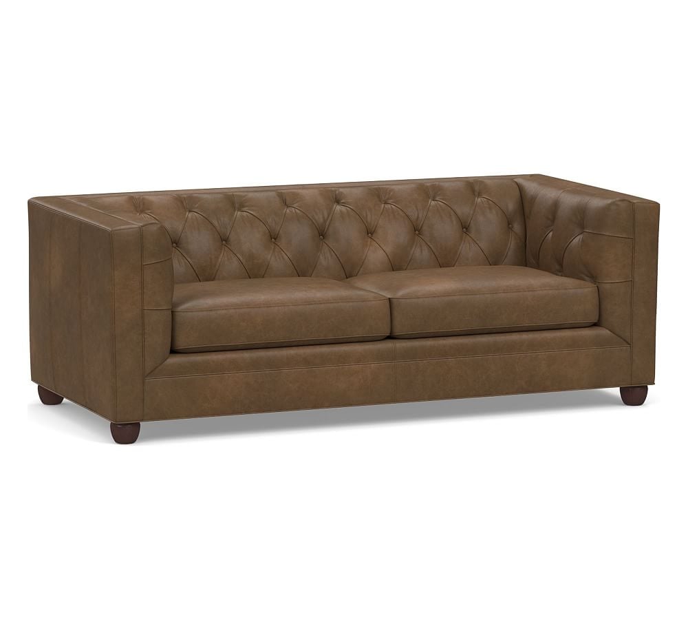 Chesterfield Square Arm Leather Sofa, Polyester Wrapped Cushions, Churchfield Chocolate - Image 0