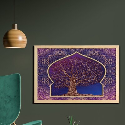 Ambesonne Ethnic Wall Art With Frame, Tree With Curved Leafless Branches Middle Eastern Moroccan Arch Retro Art Design, Printed Fabric Poster For Bathroom Living Room Dorms, 35" X 23", Purple Blue - Image 0