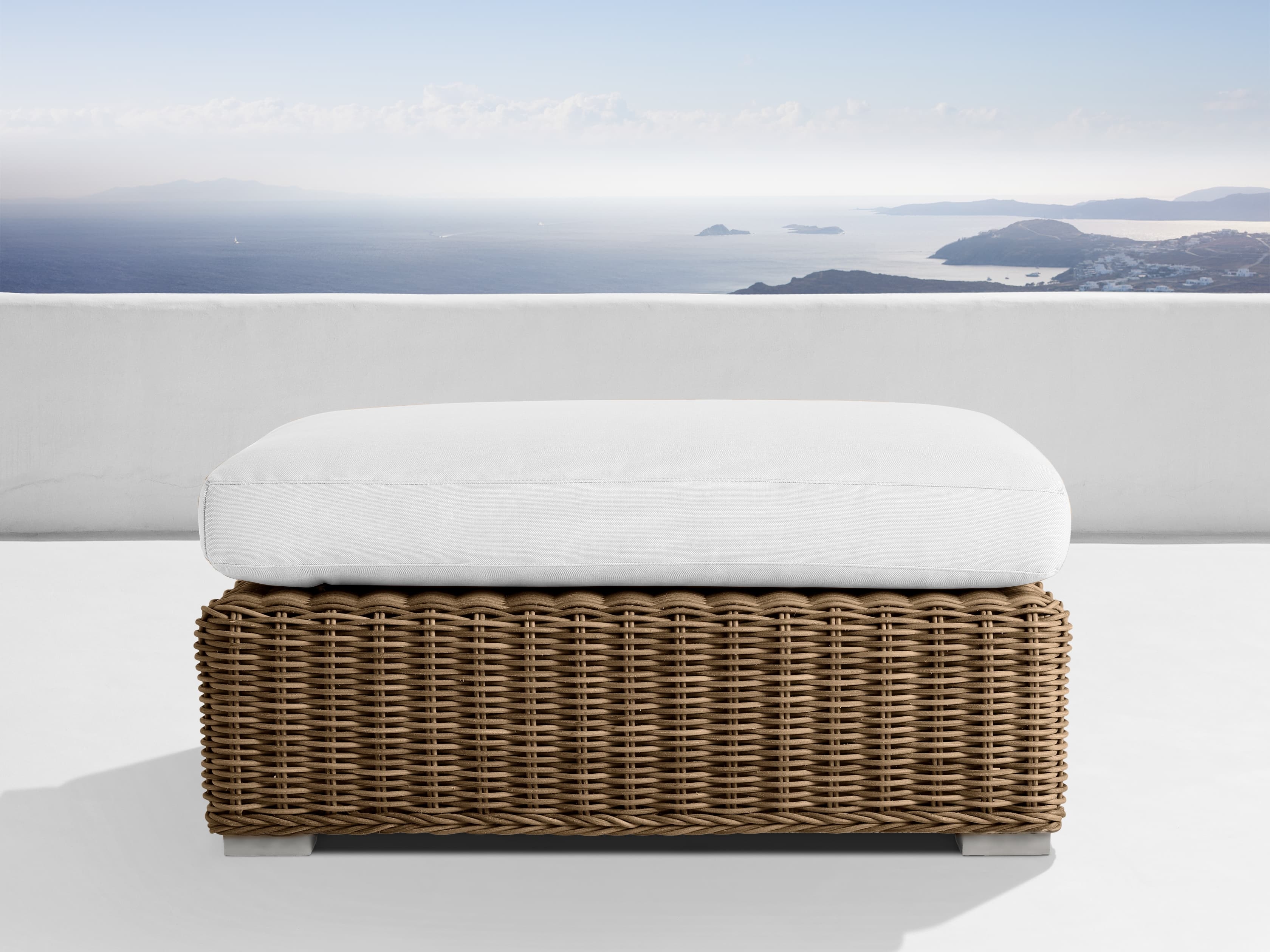 Montauk Outdoor Ottoman in All Weather Wicker White  Weathered Natural/Starboard Snow - Image 0