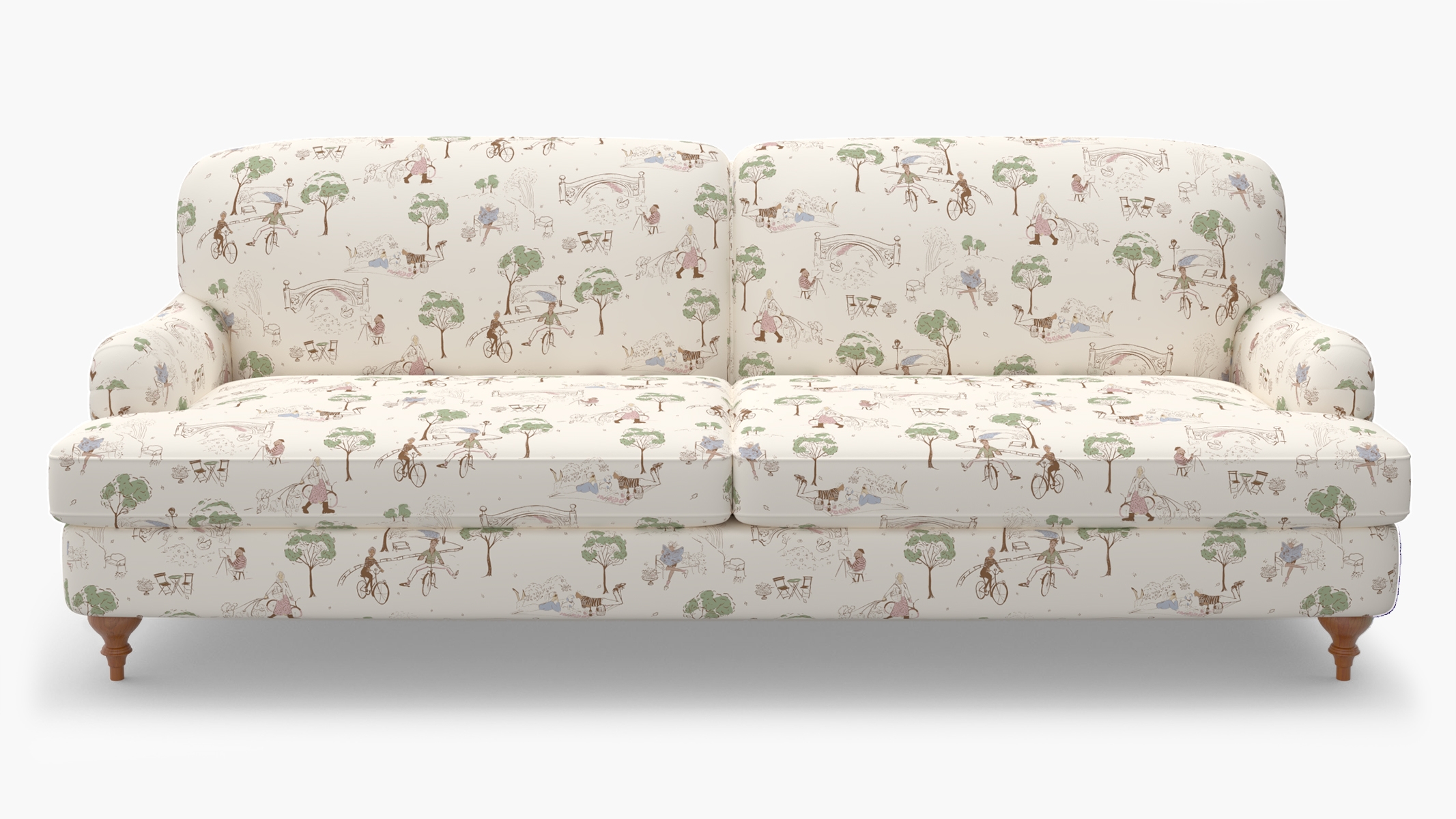 English Roll Arm Sofa, Multi Central Park Toile, Walnut Turned Wood Leg - Image 0